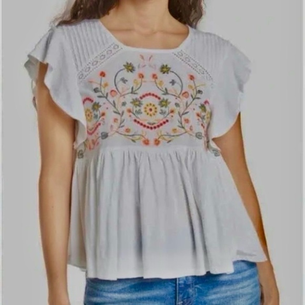 Lucky Brand Embroidered White flutter sleeve baby doll  Blouse Top Small